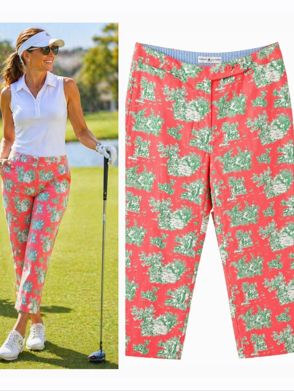 TOMMY HILFIGER Preppy GOLF Stretch CROPPED Pants Coral Toile CAPRI Womens Size 4